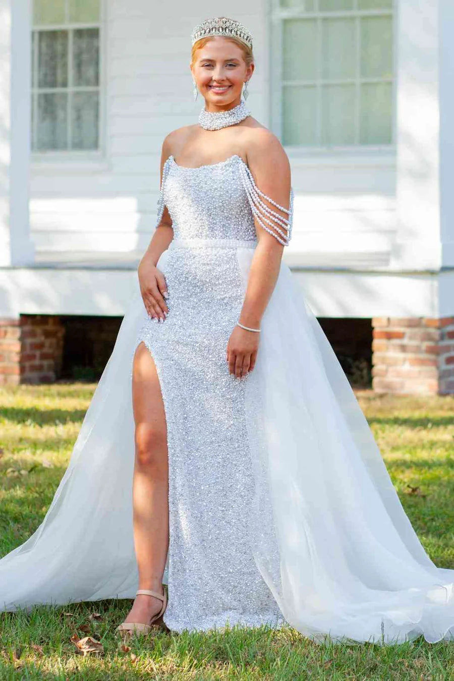 Princess Strapless Scoop Beaded Long Prom Dress with Slit